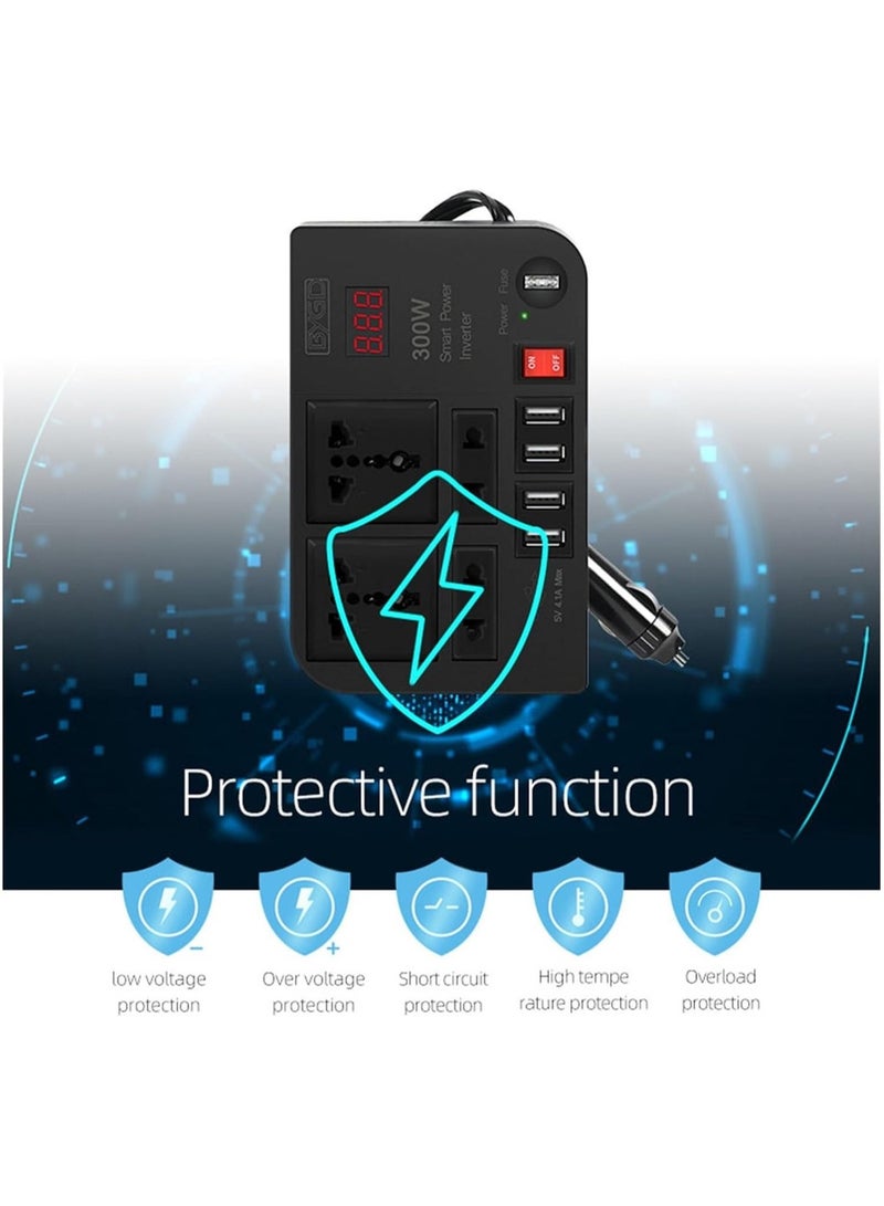 BYGD محول طاقة السيارة 300 واط DC 12V/24V إلى 220V AC مع 4 منافذ USB للشحن السريع و 2 مقبس عالمي مع شاشة LED متعددة الوظائف - Image 5